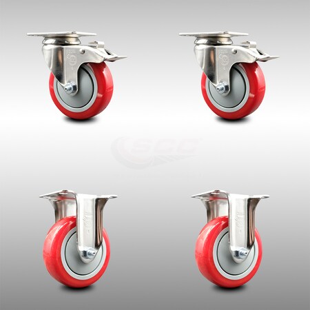 Service Caster 4 Inch 316SS Red Polyurethane Swivel Top Plate Caster Lock Brake 2 Rigid, 2PK SCC-SS316TTL20S414-PPUB-RED-2-R-2